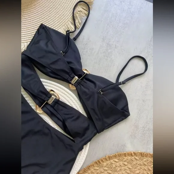 NWT - Swimsuit Body Cutout Bandeau Gold Accents Adjustable Straps - Luxury Style - Picture 4 of 7